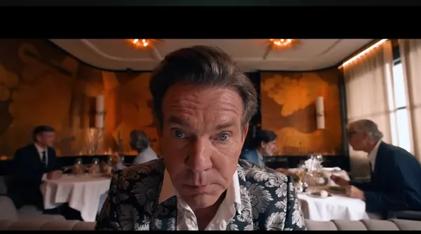 A man stares intensely at the camera in a restaurant scene.