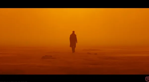 Silhouette of a person walking in a vast, orange-hued landscape.