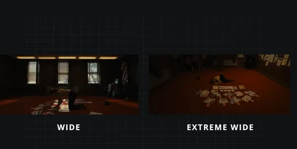 Comparison of wide and extreme wide shots showing a person in a room with documents.