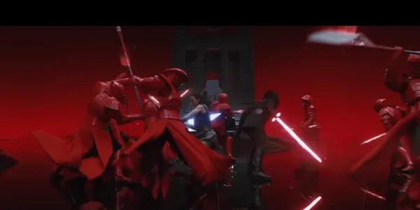 Intense battle in a futuristic, red-lit setting