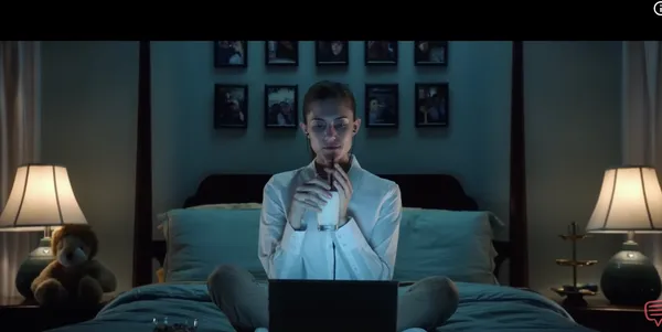 Person sits on a bed with a laptop, surrounded by cozy lighting.