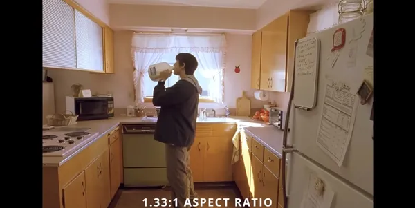 Person drinking from milk jug in a kitchen.