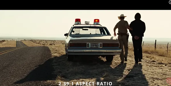 A police officer walking with a person in handcuffs by a patrol car on an empty rural road.