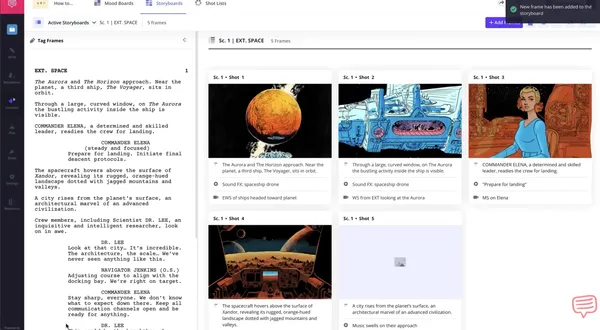 Storyboard showing a space mission and interaction inside a spaceship.