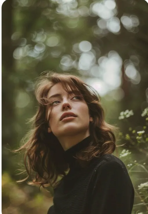 A person looking upwards amid a blurred natural background.