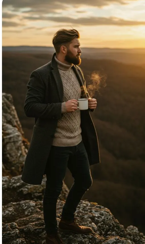 A person stands on a cliff holding a steaming mug during sunset.