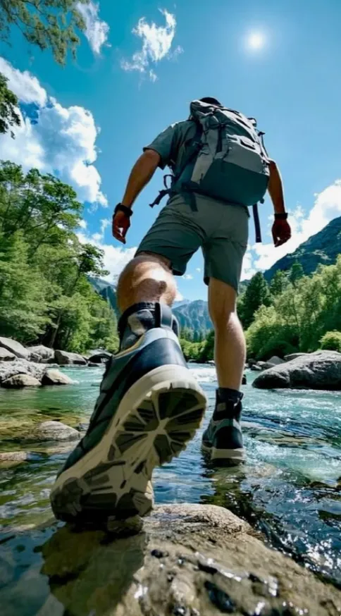 A hiker crossing a river in a scenic mountain setting.