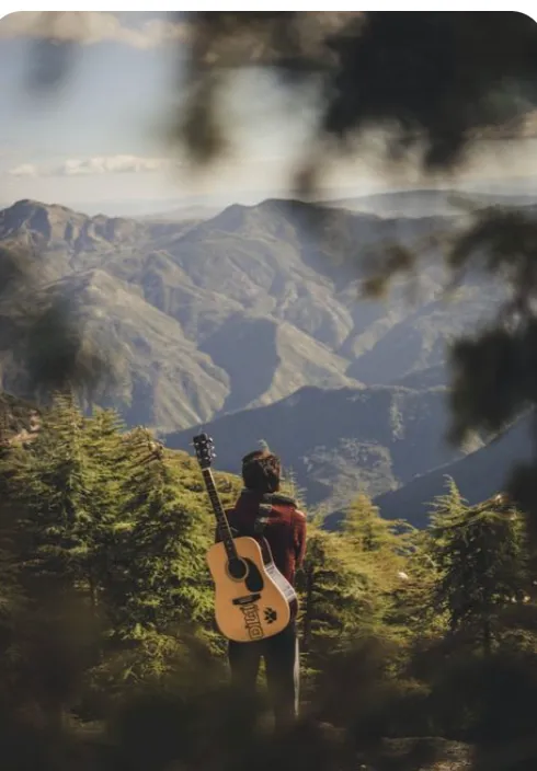 A person with a guitar gazes at a vast mountain landscape.