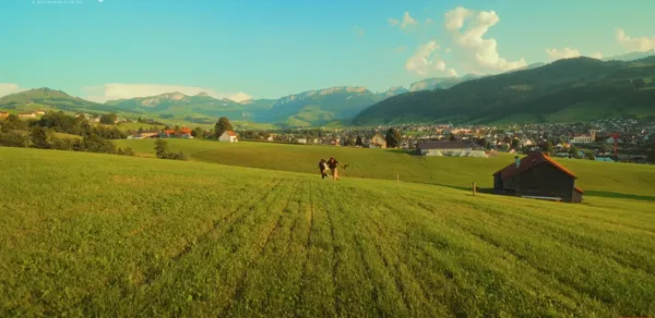 A pastoral landscape with mountains in the background.