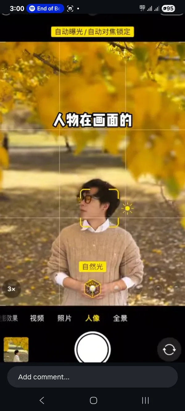 A person standing among yellow autumn leaves.