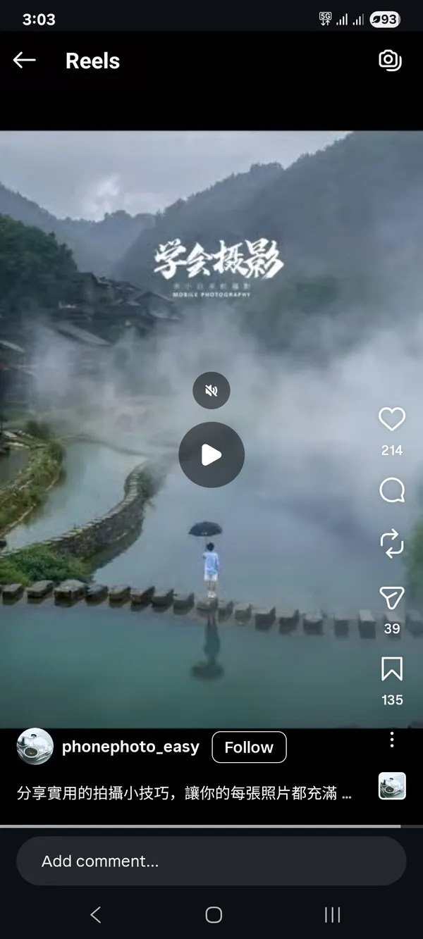 A person stands with an umbrella on stones amid a misty landscape.