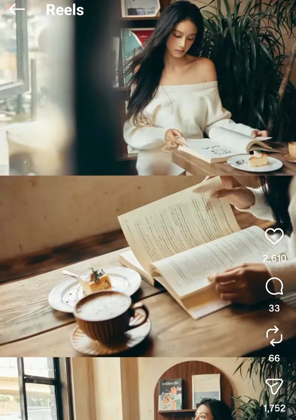 A woman enjoys reading at a cozy cafe.