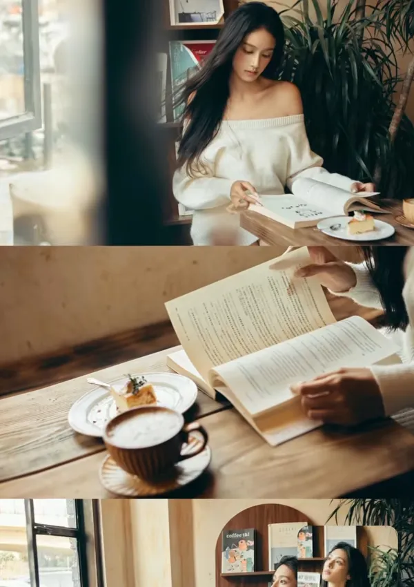 A woman reading a book in a cozy coffee shop ambiance.