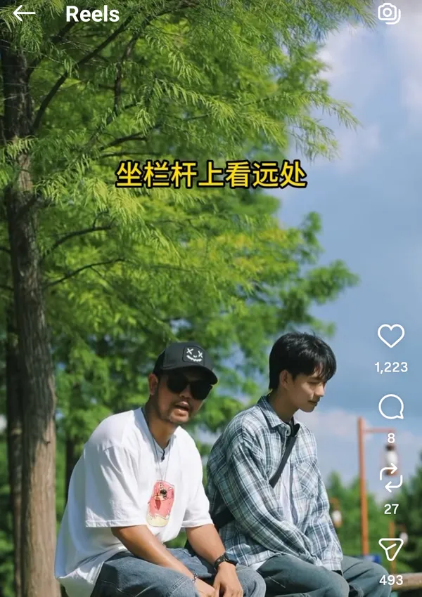Two people sitting on a rail under a tree on a sunny day.
