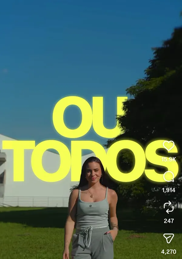 Woman posing in a sunny outdoor setting with bold text overlay.