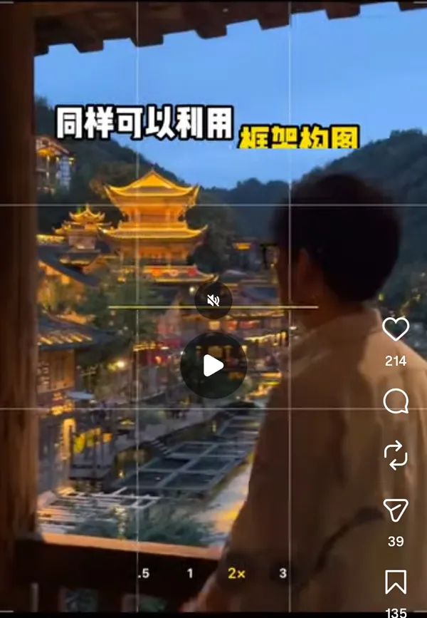 Person observing illuminated traditional architecture at dusk.