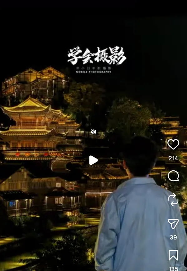 A person observes a brightly lit traditional building at night.