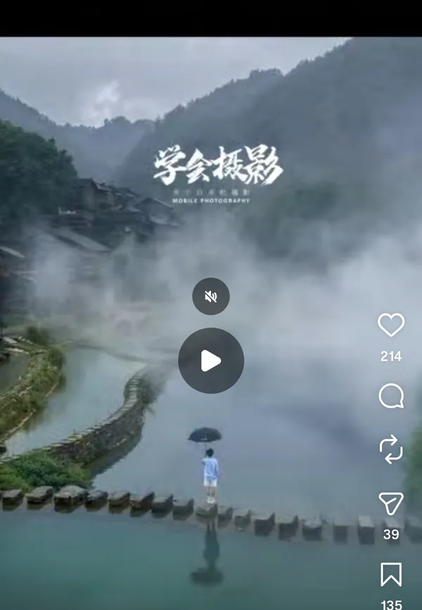 Person with umbrella standing on stones in misty landscape.